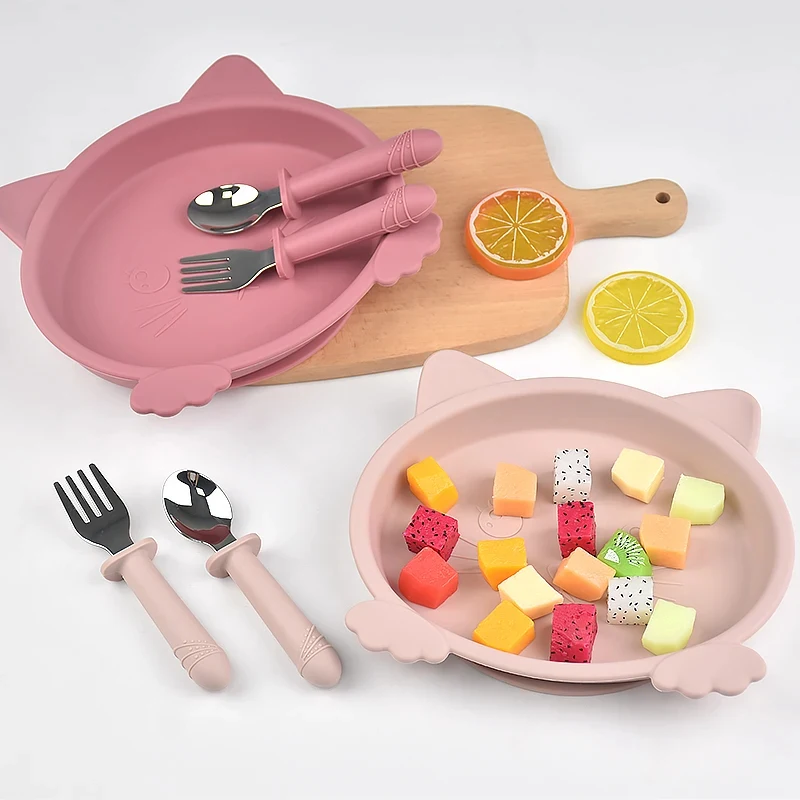 3pcs Baby Kitten Print Silicone Dining Plate With Stainless Steel Spoon Fork Self-Feeding Traininig Tool Non-Slip Kid Tableware
3pcs Baby Kitten Print Silicone Dining Plate With Stainless Steel Spoon Fork Self-Feeding Traininig Tool Non-Slip Kid Tableware