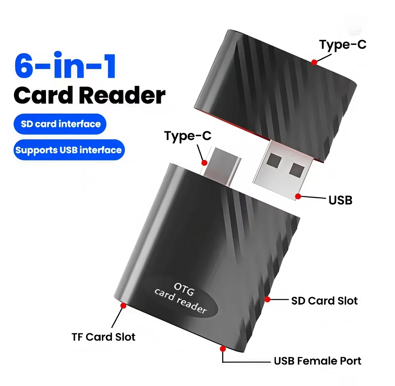 6-in-1 Multifunctional High-Speed OTG USB Type-C Card Reader External Storage Black Expandable Storage USB 3.0 SD TF Card
6-in-1 Multifunctional High-Speed OTG USB Type-C Card Reader External Storage Black Expandable Storage USB 3.0 SD TF Card