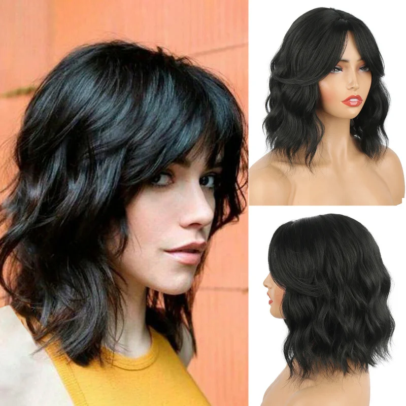 European and American fashion women's wig, black wavy short curly synthetic hair with bangs
European and American fashion women's wig, black wavy short curly synthetic hair with bangs