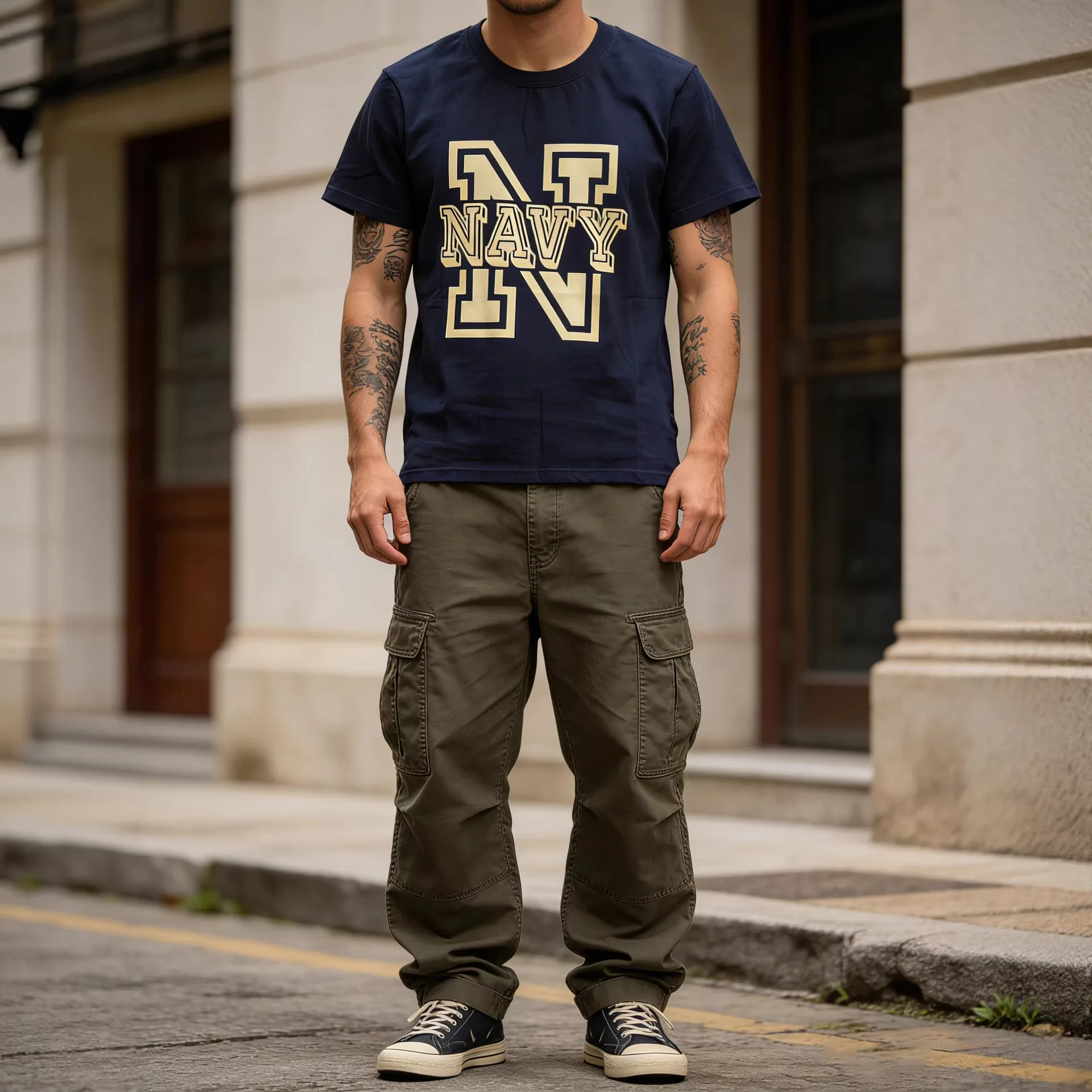 OKONKWO NAVY Navy Military Style T-Shirt, 210g, Letter Print, Americana Style, Crew Neck, Short Sleeve.
OKONKWO NAVY Navy Military Style T-Shirt, 210g, Letter Print, Americana Style, Crew Neck, Short Sleeve.