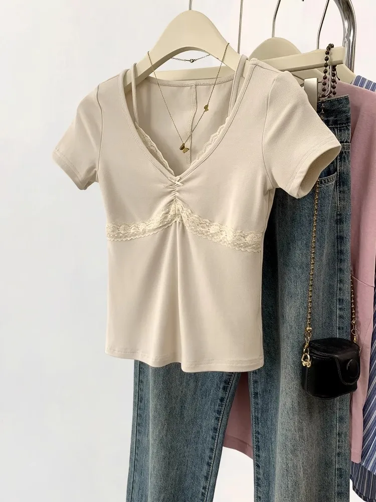 Fake Two Pieces Lace Short Sleeved T-shirts For Women Summer New Harajuku Retro T-shirt Sexy Desire Design Fashion Slim Fit Tops
Fake Two Pieces Lace Short Sleeved T-shirts For Women Summer New Harajuku Retro T-shirt Sexy Desire Design Fashion Slim Fit Tops