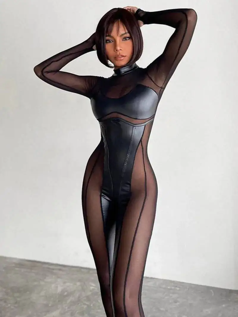 Cosplay Party Women's Nightclub Style Spliced Mesh Transparent Long Sleeve Sleeved Sexy Tight Black Jumpsuit Bodysuit Women 95HP 
Cosplay Party Women's Nightclub Style Spliced Mesh Transparent Long Sleeve Sleeved Sexy Tight Black Jumpsuit Bodysuit Women 95HP