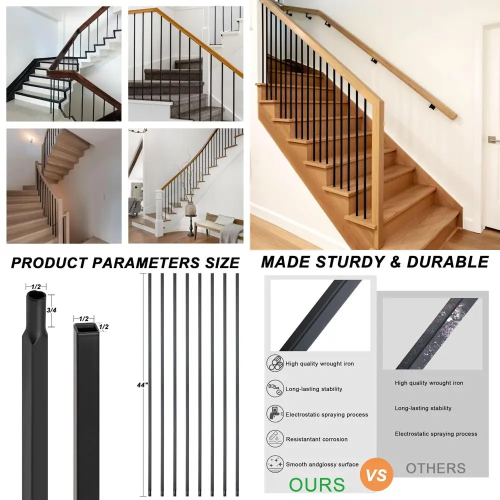20 Pack Iron Plain Balusters, 1/2 x 44 for Square Staircase, Deck & Indoor Stair Railings, Black
20 Pack Iron Plain Balusters, 1/2 x 44 for Square Staircase, Deck & Indoor Stair Railings, Black