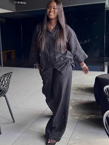 2 Pieces Set for Woman Autumn Clothes Black Color Elegant Pants and Blouse Set Long Sleeve Casual Ladies Sets with Diamonds