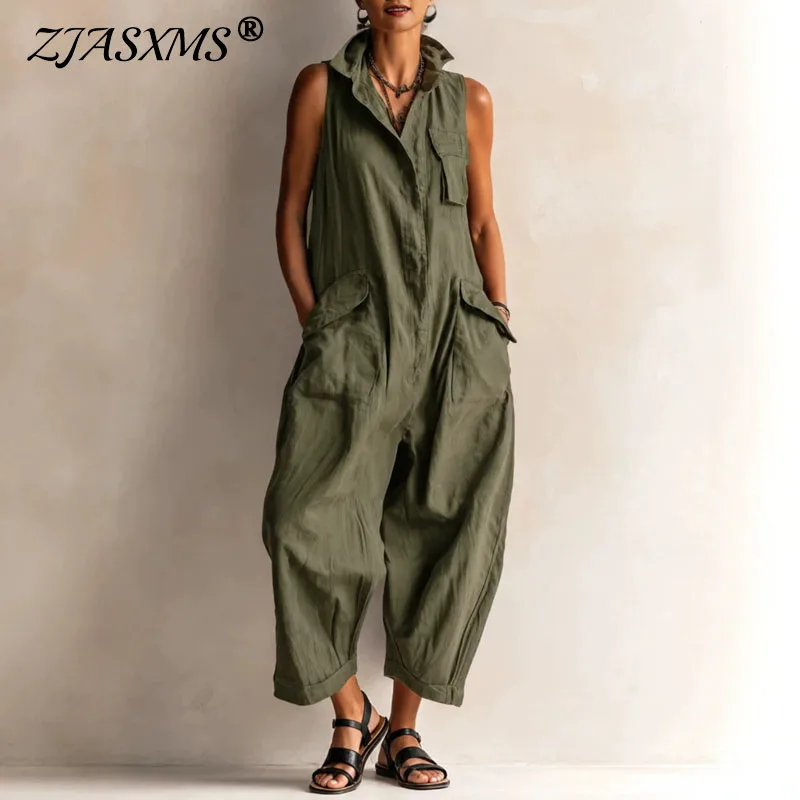 Solid Sleeveless Jumpsuit Women Placket Multi Functional Pockets Loose Wide Leg Overalls Breathable Summer Casual One Piece Suit
Solid Sleeveless Jumpsuit Women Placket Multi Functional Pockets Loose Wide Leg Overalls Breathable Summer Casual One Piece Suit