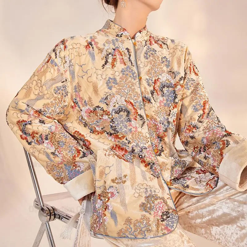Chinese Style Tang Clothes Sequin Embroidery Hanfu Vintage Mandarin Collar Jacket Lady Elegant Tops Autumn Spring Outwear
Chinese Style Tang Clothes Sequin Embroidery Hanfu Vintage Mandarin Collar Jacket Lady Elegant Tops Autumn Spring Outwear