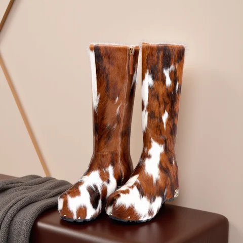 2025 Winter Women’s Luxury Handmade Real Calf Hair Platform Knee-High Studded Boots | Genuine Wool Lining, Designer Quality