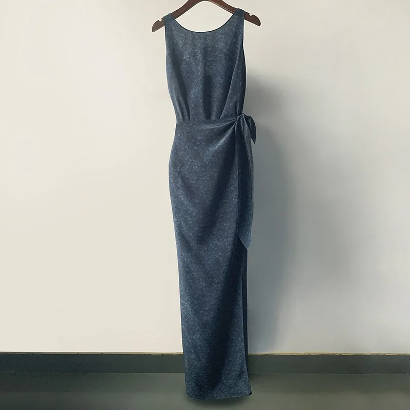 Summer Silk Long Dress Round Neck Sleeveless Silk Wrap Tie Waist High Printed Dress Women
Summer Silk Long Dress Round Neck Sleeveless Silk Wrap Tie Waist High Printed Dress Women