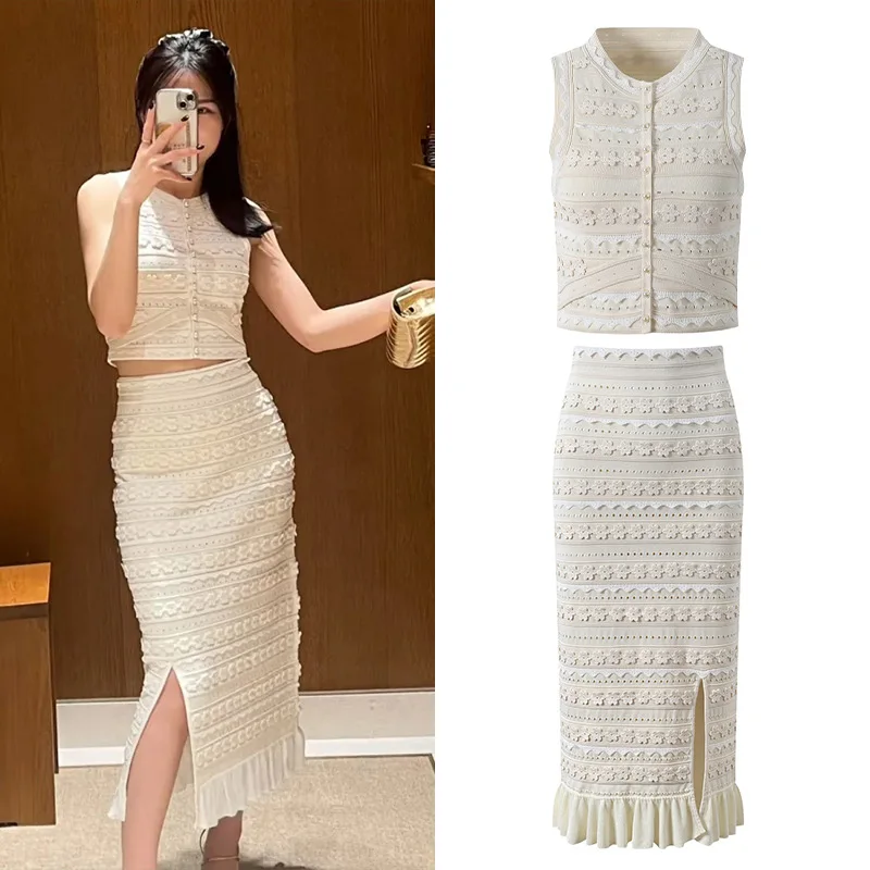 Ruffle Flower Set Hollow Knitted Vest + Slit High-waisted Skirt 2025 Spring and Summer New Style Two Piece Set for Women Skirts
Ruffle Flower Set Hollow Knitted Vest + Slit High-waisted Skirt 2025 Spring and Summer New Style Two Piece Set for Women Skirts