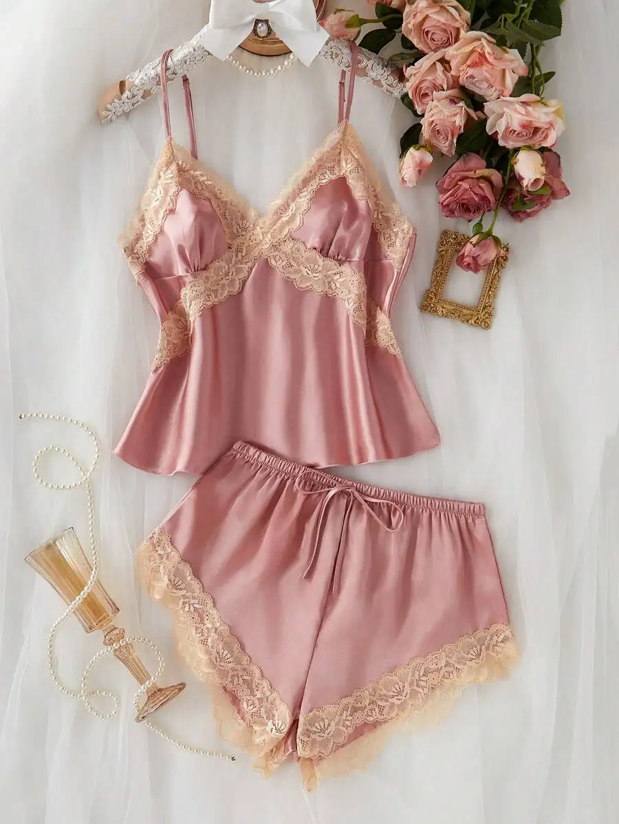 Pink Satin Lace Trim Pajama Set Women Sleepwear
Pink Satin Lace Trim Pajama Set Women Sleepwear