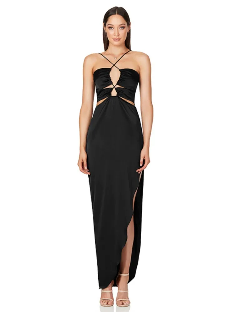 Women's Clothing Slit Sexy Halter Neck Slim Dress Elegant Temperament Trendy Hollow Out Cross Vestidos Solid Color Simple Style 
Women's Clothing Slit Sexy Halter Neck Slim Dress Elegant Temperament Trendy Hollow Out Cross Vestidos Solid Color Simple Style