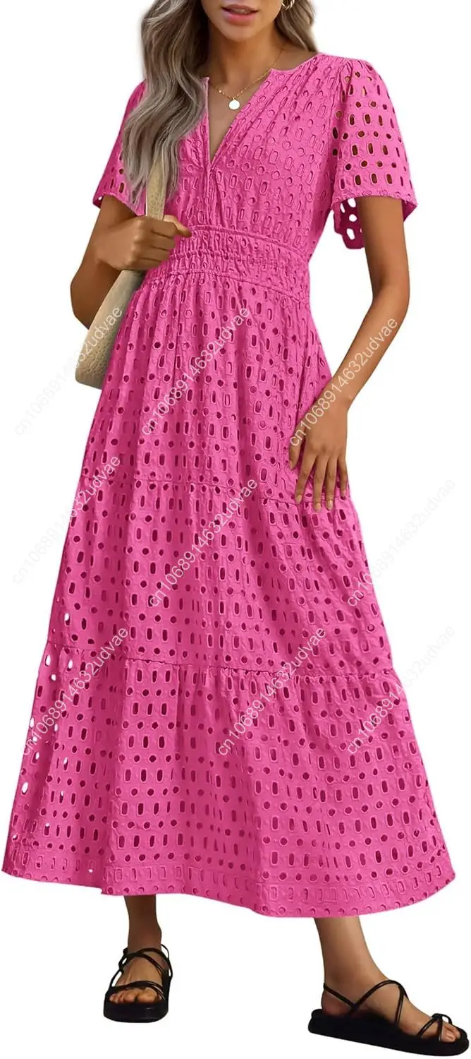 Womens 2025 Summer Maxi Dress Short Sleeve V Neck Hollow Out Eyelet A Line Long Flowy Beach Vacation Dresses
Womens 2025 Summer Maxi Dress Short Sleeve V Neck Hollow Out Eyelet A Line Long Flowy Beach Vacation Dresses