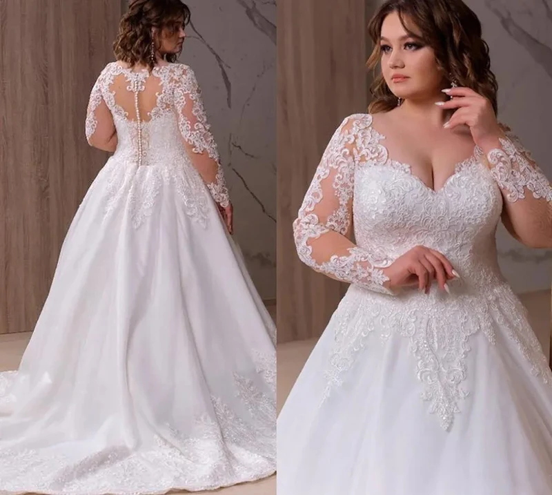 Plus Size A Line Wedding Dresses Bridal Gowns V Neck Long Illusion Sleeve Lace Appliqued Sweep Train
Plus Size A Line Wedding Dresses Bridal Gowns V Neck Long Illusion Sleeve Lace Appliqued Sweep Train