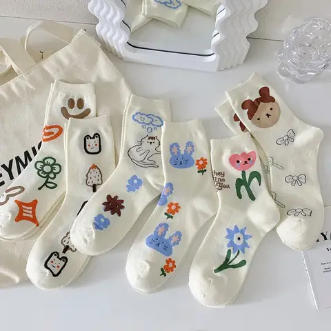 6 pares de meias femininas de algodão branco floral graffiti tubo médio estilo harajuku engraçado desenho animado estampa sorriso flor gato design