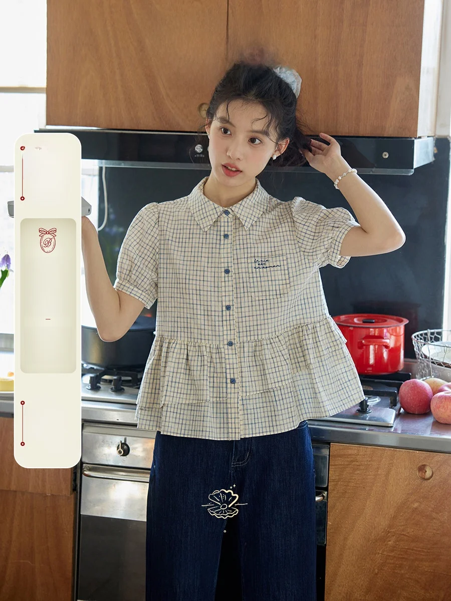 Nov Et Plaid Doll Embroidery Bubble Sve Women's irt Vintage Loose Fit Cotton Polyester Blend ort Sve Button up
Nov Et Plaid Doll Embroidery Bubble Sve Women's irt Vintage Loose Fit Cotton Polyester Blend ort Sve Button up