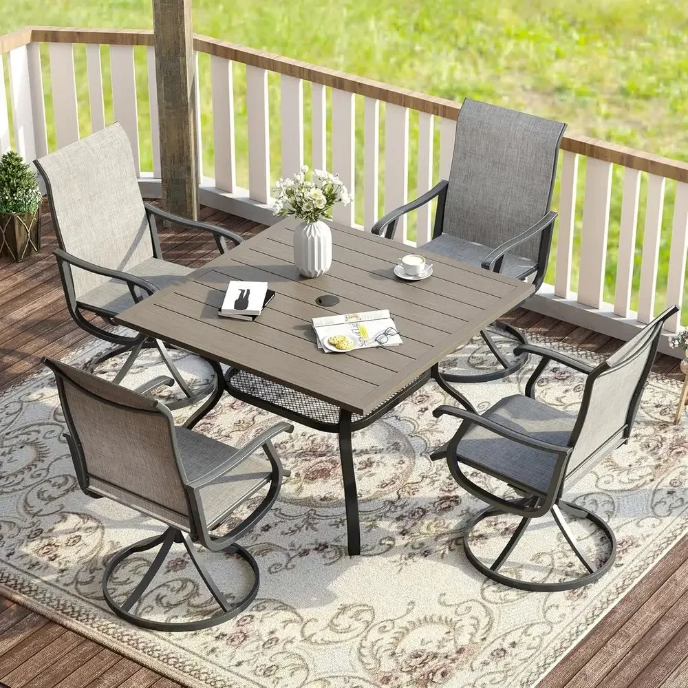 5-Piece Outdoor Dining Set with 37.8 Square Table and 4 Swivel Chairs, Grey Wood Grain and Fabric
5-Piece Outdoor Dining Set with 37.8 Square Table and 4 Swivel Chairs, Grey Wood Grain and Fabric