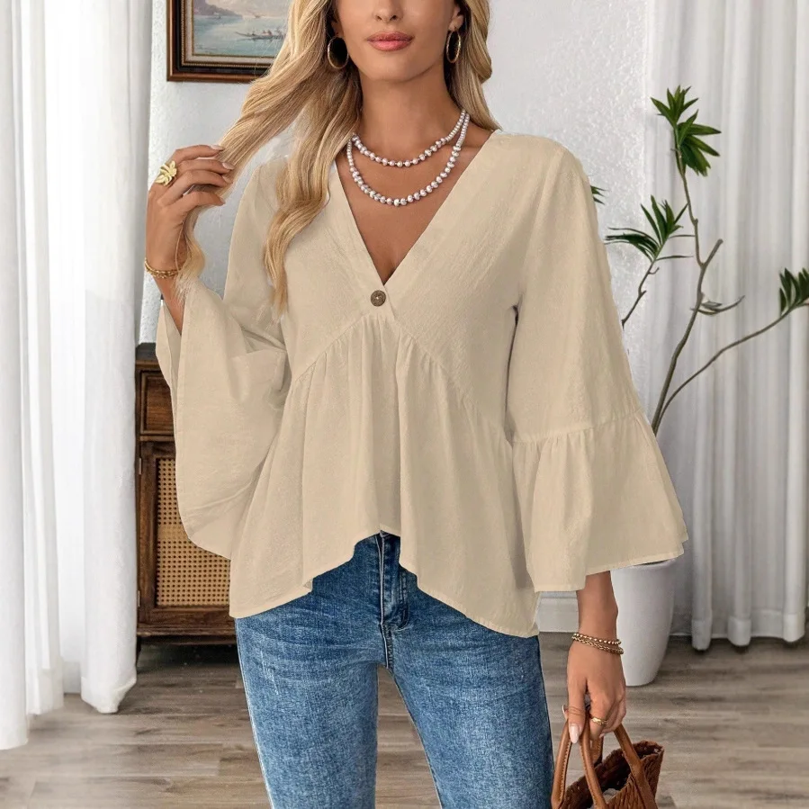 2026 Women's Spring and Summer New Solid Color V-neck Lotus Leaf Sleeve Cotton Top Women
2026 Women's Spring and Summer New Solid Color V-neck Lotus Leaf Sleeve Cotton Top Women