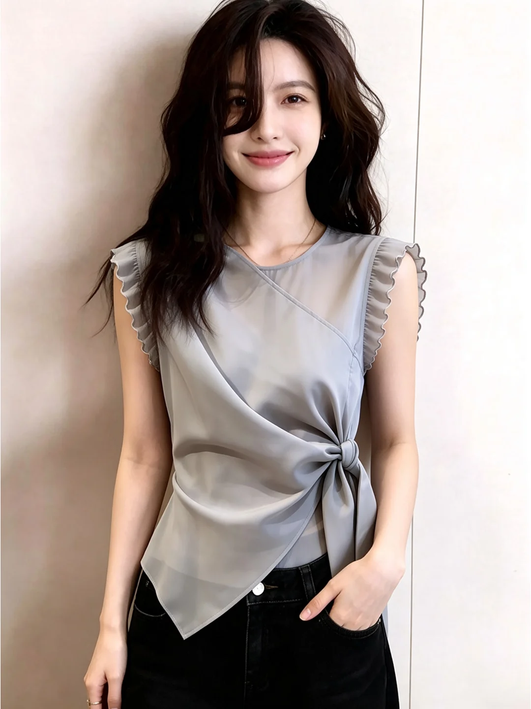 Elegant Grey Belted Shirt Women's French Style Slim Fit Top with Bow Tie Detail Age Defying Summer Fashion for Young Women
Elegant Grey Belted Shirt Women's French Style Slim Fit Top with Bow Tie Detail Age Defying Summer Fashion for Young Women