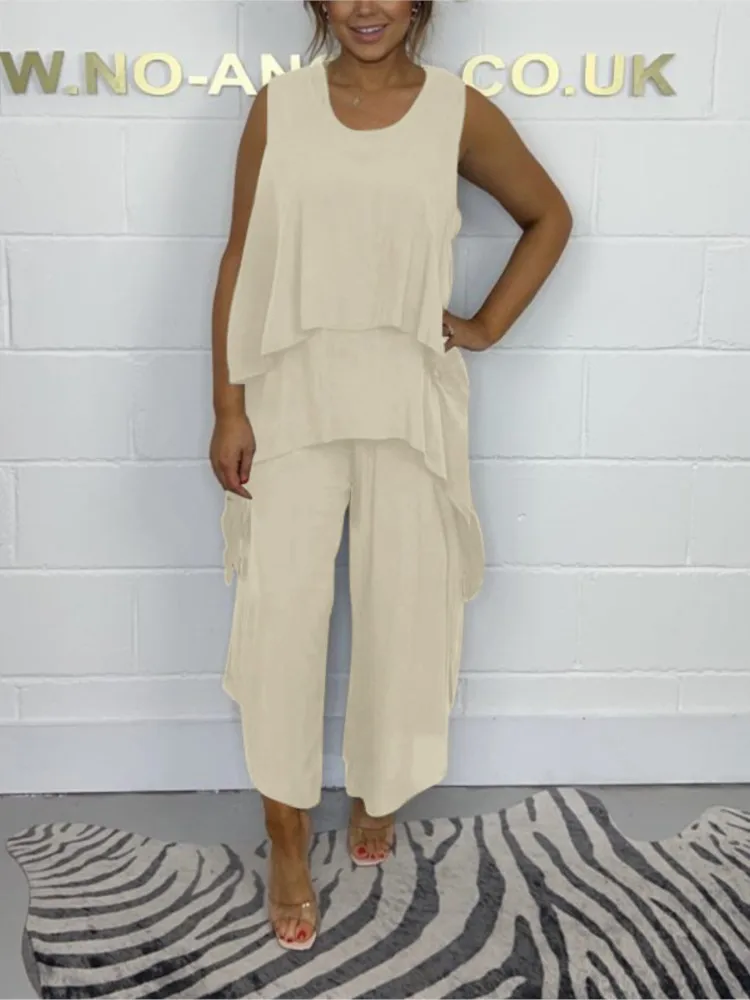 Casual Loose Two Piece Set Female O-neck Solid Sleeveless Irregular Blouses Long Pants Women Suit Fashion Ladies Streetwear 2025
Casual Loose Two Piece Set Female O-neck Solid Sleeveless Irregular Blouses Long Pants Women Suit Fashion Ladies Streetwear 2025