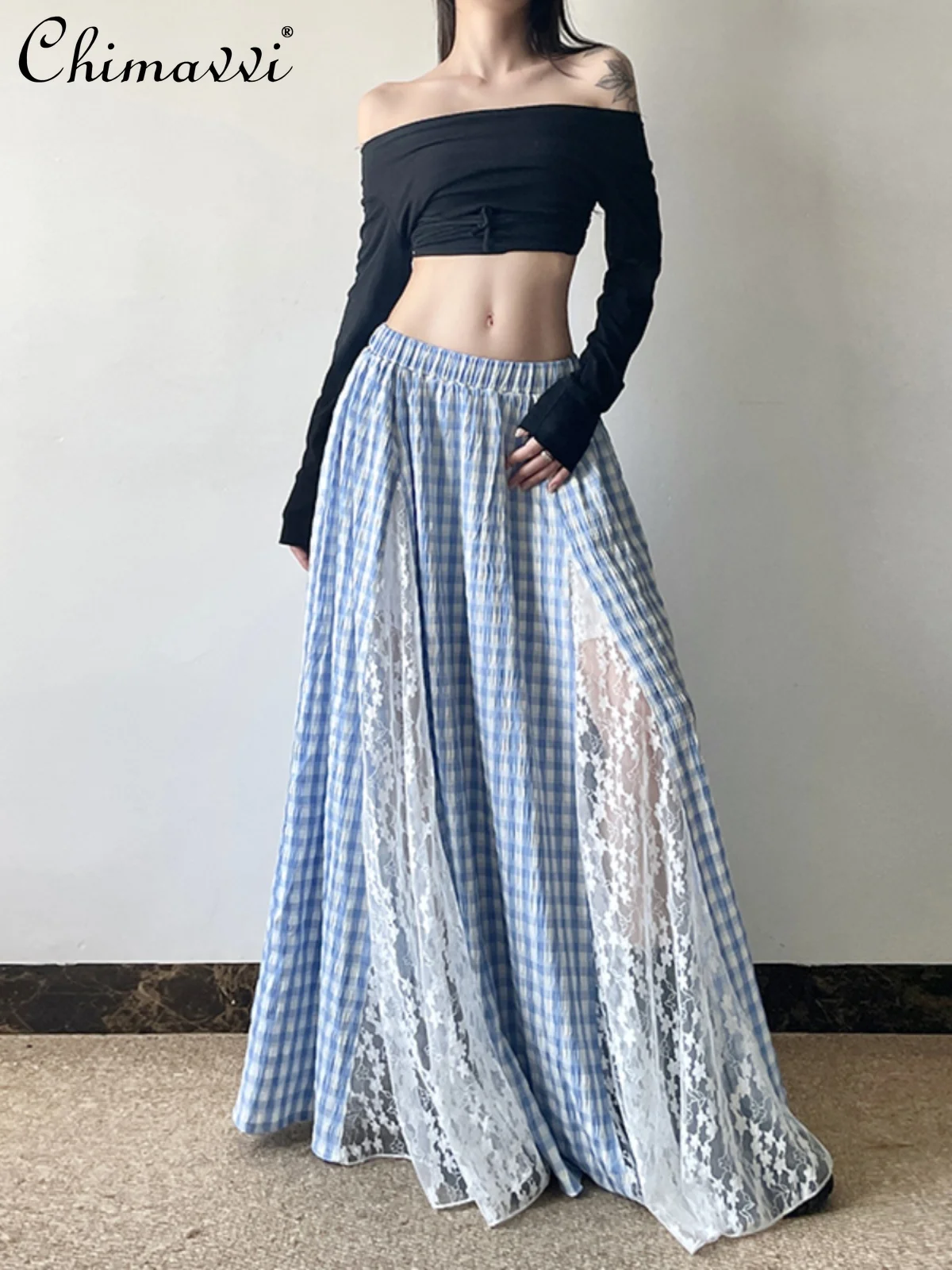 New Sweet Lace Splicing Blue Plaid Skirt 2025 Spring and Summer Fashion Elastic Waist Slim-fit Elegant Long A-shaped Skirt Women
New Sweet Lace Splicing Blue Plaid Skirt 2025 Spring and Summer Fashion Elastic Waist Slim-fit Elegant Long A-shaped Skirt Women