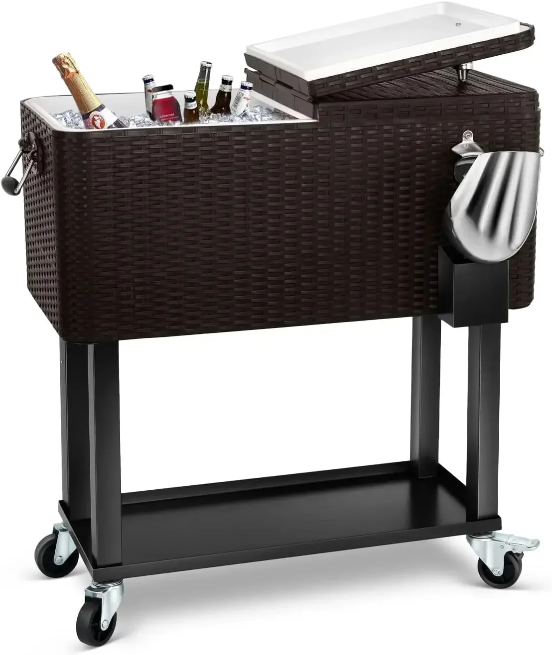 80 Quart Rolling Ice Chest Cooler Cart,Patio Backyard Party Drink Beverage Bar Stand Up Cooler Trolley with Ice Scoop
80 Quart Rolling Ice Chest Cooler Cart,Patio Backyard Party Drink Beverage Bar Stand Up Cooler Trolley with Ice Scoop