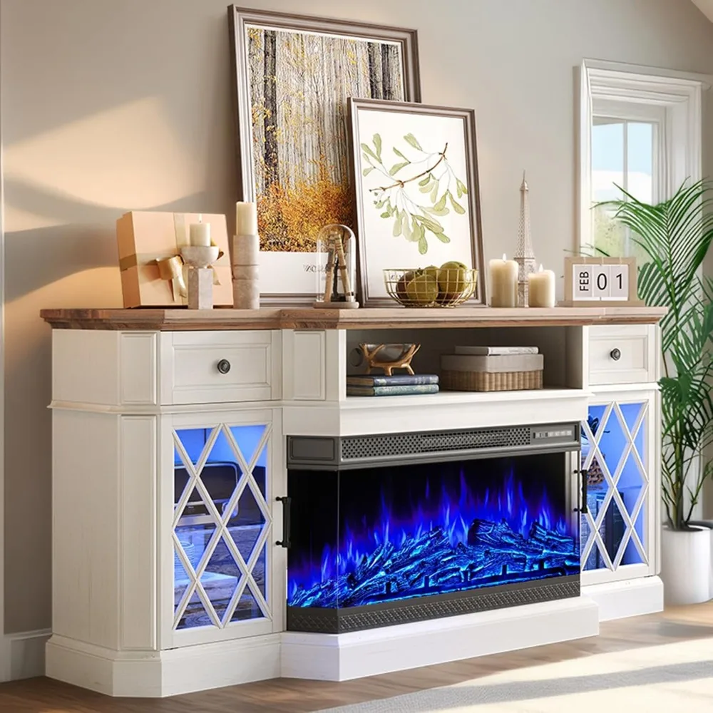 70" Bevel Farmhouse Fireplace TV Stand with 36" 3-Sided Glass Fireplace, LED Lights Entertainment Center Glass Doors & Drawers,
70" Bevel Farmhouse Fireplace TV Stand with 36" 3-Sided Glass Fireplace, LED Lights Entertainment Center Glass Doors & Drawers,