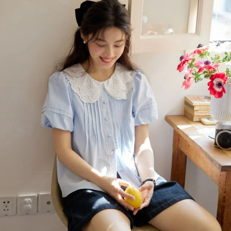 French Chic Folds Puff Sleeve Shirt Sweet Peter Pan Collar Korean Blouse Summer Lovely Preppy-style Vintage Slim All Match Tops
French Chic Folds Puff Sleeve Shirt Sweet Peter Pan Collar Korean Blouse Summer Lovely Preppy-style Vintage Slim All Match Tops