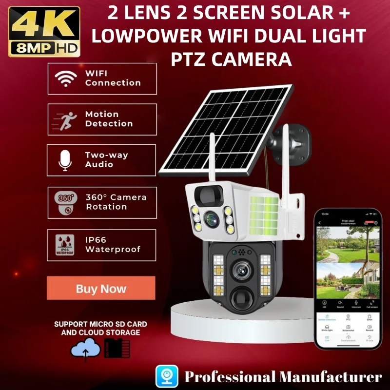 4K 8MP Solar Powered WiFi Outdoor Camera Dual Lens 10X Zoom PIR Human Detection Waterproof Night Vision CCTV Security System
4K 8MP Solar Powered WiFi Outdoor Camera Dual Lens 10X Zoom PIR Human Detection Waterproof Night Vision CCTV Security System