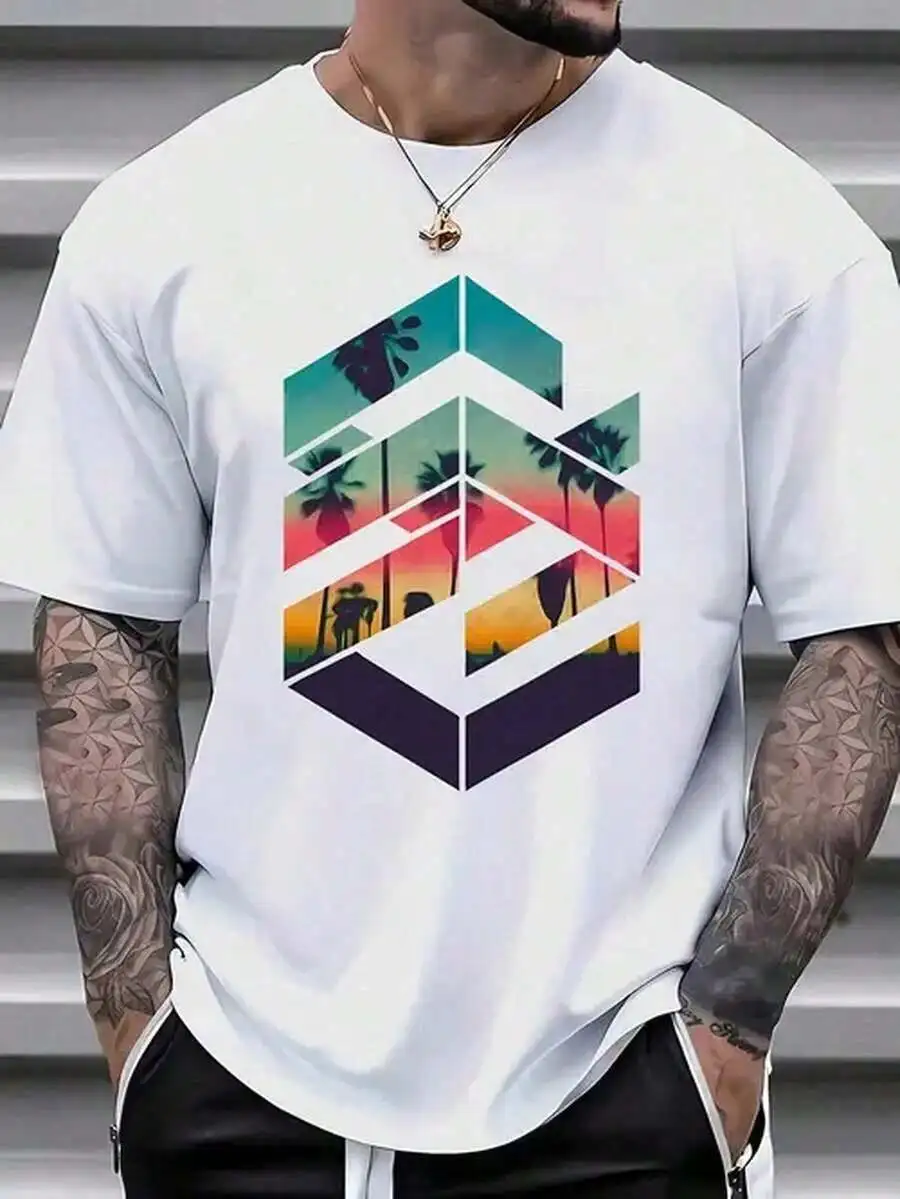 Mens White Short Sleeve Casual Shirt With Hexagonal Geometric Palm Tree Sunset Print
Mens White Short Sleeve Casual Shirt With Hexagonal Geometric Palm Tree Sunset Print