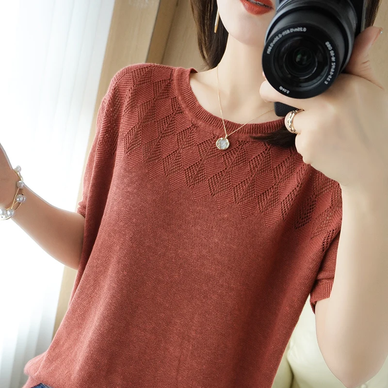 Women's T-shirt Summer New 100% Cotton Knitted Short Sleeve Casual Hollow out Blouse Ladies' Clothes O Pullover Tees Loose Tops
Women's T-shirt Summer New 100% Cotton Knitted Short Sleeve Casual Hollow out Blouse Ladies' Clothes O Pullover Tees Loose Tops