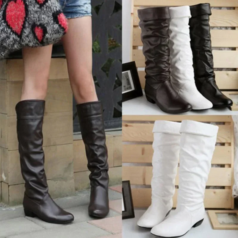 Quality Women's leather PU Knee High Boots Folding Slip on Winter High Boots Casual Low Heels White Black Long Slim Boots Ladies
Quality Women's leather PU Knee High Boots Folding Slip on Winter High Boots Casual Low Heels White Black Long Slim Boots Ladies