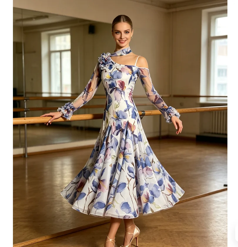 Exotic Print Modern Dance Off-the-Shoulder Full Skirt Waltz Dress
Exotic Print Modern Dance Off-the-Shoulder Full Skirt Waltz Dress