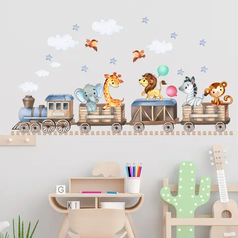 Cartoon Animals Riding On Small Trains Wall Stickers With Movable Stickers For Decorating   Posters And Murals In Children's Roo