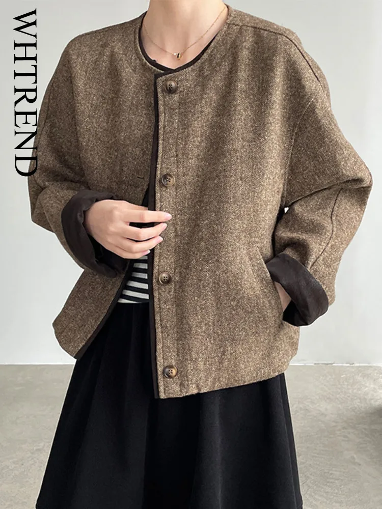 WHTREND минималистичный дизайн, лоскутное шерстяное пальто с круглым вырезом для женщин, высококачественная элегантная свободная куртка, топ WH1766 
WHTREND минималистичный дизайн, лоскутное шерстяное пальто с круглым вырезом для женщин, высококачественная элегантная свободная куртка, топ WH1766