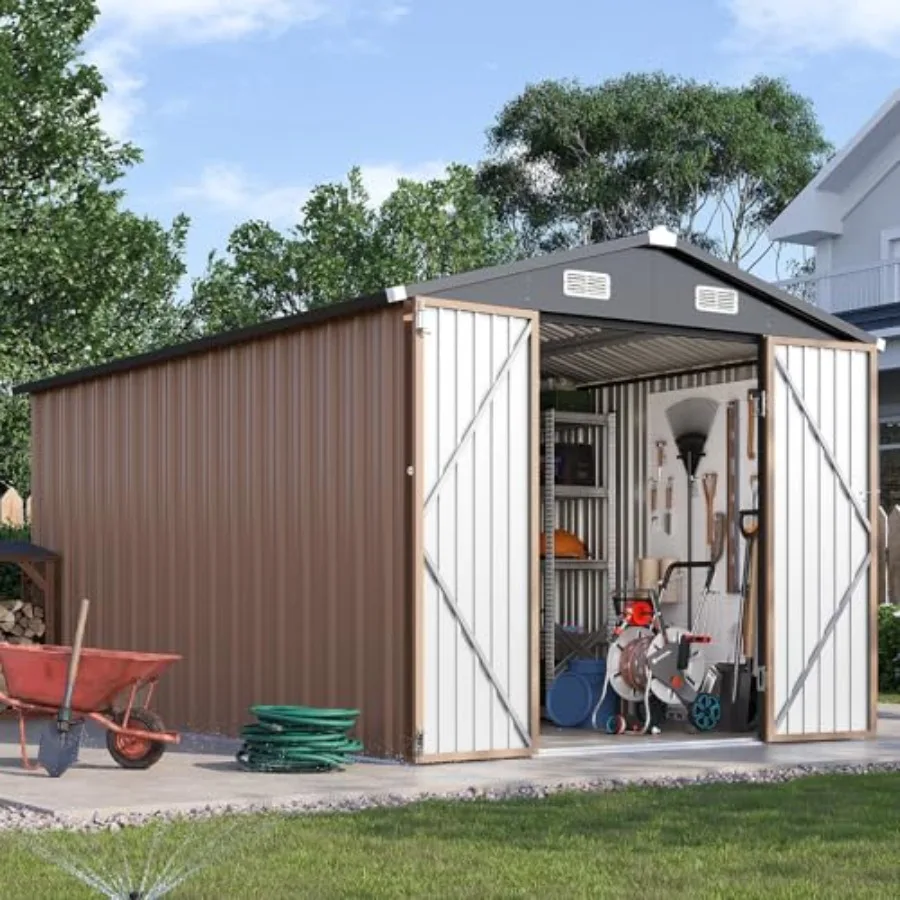 Outdoor storage shed: galvanized steel, gray, weather-resistant with lockable double doors and sloping roof for backyard, patio
Outdoor storage shed: galvanized steel, gray, weather-resistant with lockable double doors and sloping roof for backyard, patio