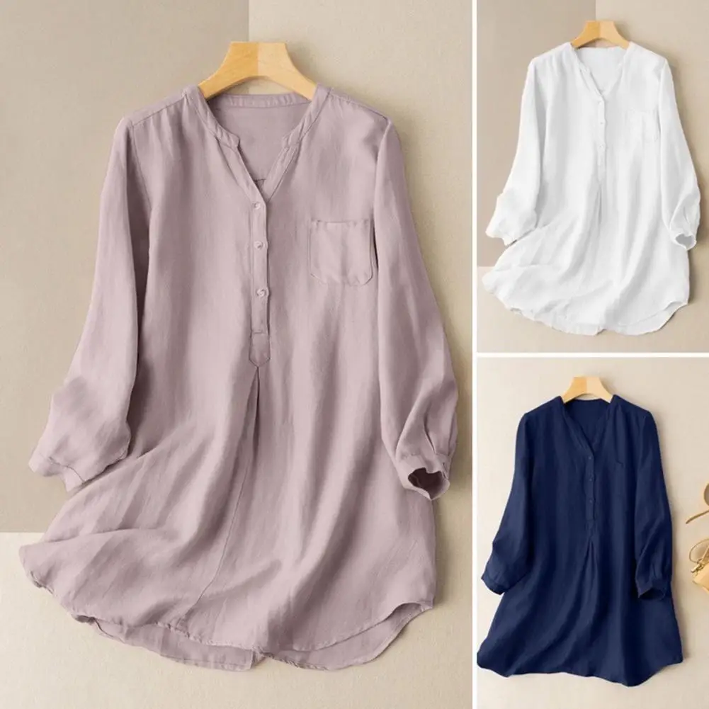 Breathable Women Top V-neck Buttoned Shirt with Loose Fit Half Placket Long Sleeves Mid-length Solid Color Mid-length Shirt
Breathable Women Top V-neck Buttoned Shirt with Loose Fit Half Placket Long Sleeves Mid-length Solid Color Mid-length Shirt