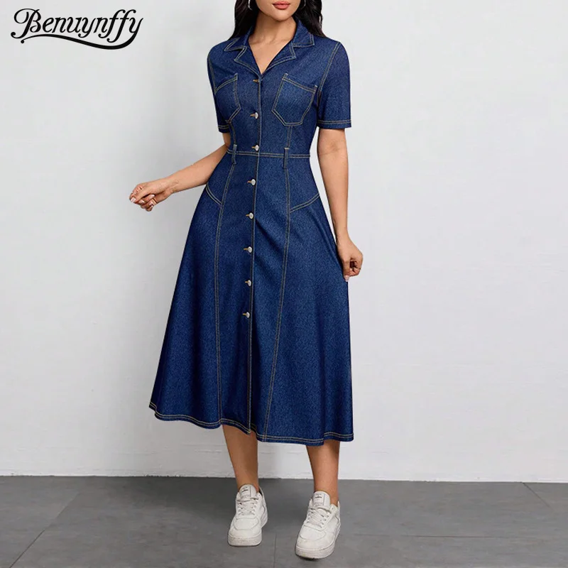 Benuynffy Notched Neck Single Breasted Denim Long Dress Women's Summer Short Sleeve Elegant Vintage Ladies A-Line Dresses 2025
Benuynffy Notched Neck Single Breasted Denim Long Dress Women's Summer Short Sleeve Elegant Vintage Ladies A-Line Dresses 2025