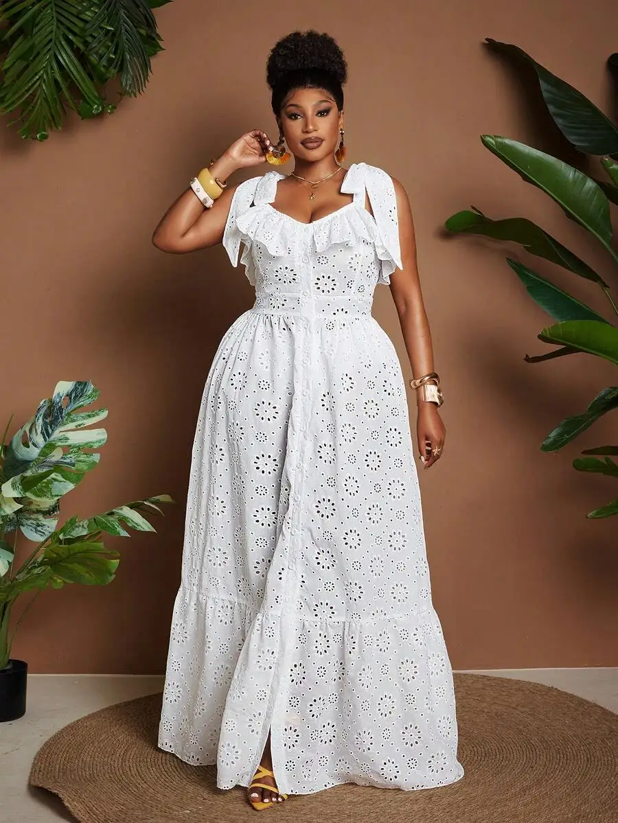 Plus Size Elegant Vacation Dress With Ruffle Trim Tie Waist Eyelet Lace
Plus Size Elegant Vacation Dress With Ruffle Trim Tie Waist Eyelet Lace