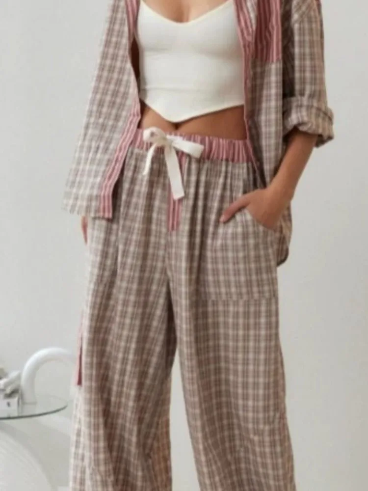 Casual Plaid Print Home Clothing Pant Sets Women Loose Long Sleeve Shirts Drawstring Trousers Two Piece Set Commuting Outfits
Casual Plaid Print Home Clothing Pant Sets Women Loose Long Sleeve Shirts Drawstring Trousers Two Piece Set Commuting Outfits