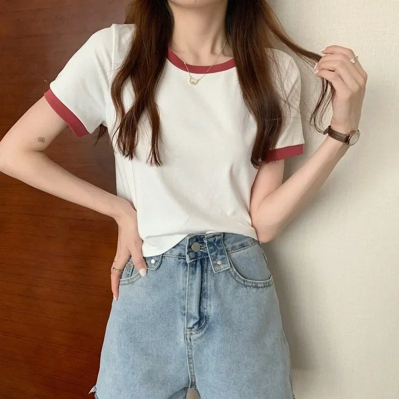 New Women Contrast Striped O Neck T-shirts Simple Fashion Spring Summer Tops Slim Short Sleeve Chic Girls Tees Casual Bottoming
New Women Contrast Striped O Neck T-shirts Simple Fashion Spring Summer Tops Slim Short Sleeve Chic Girls Tees Casual Bottoming