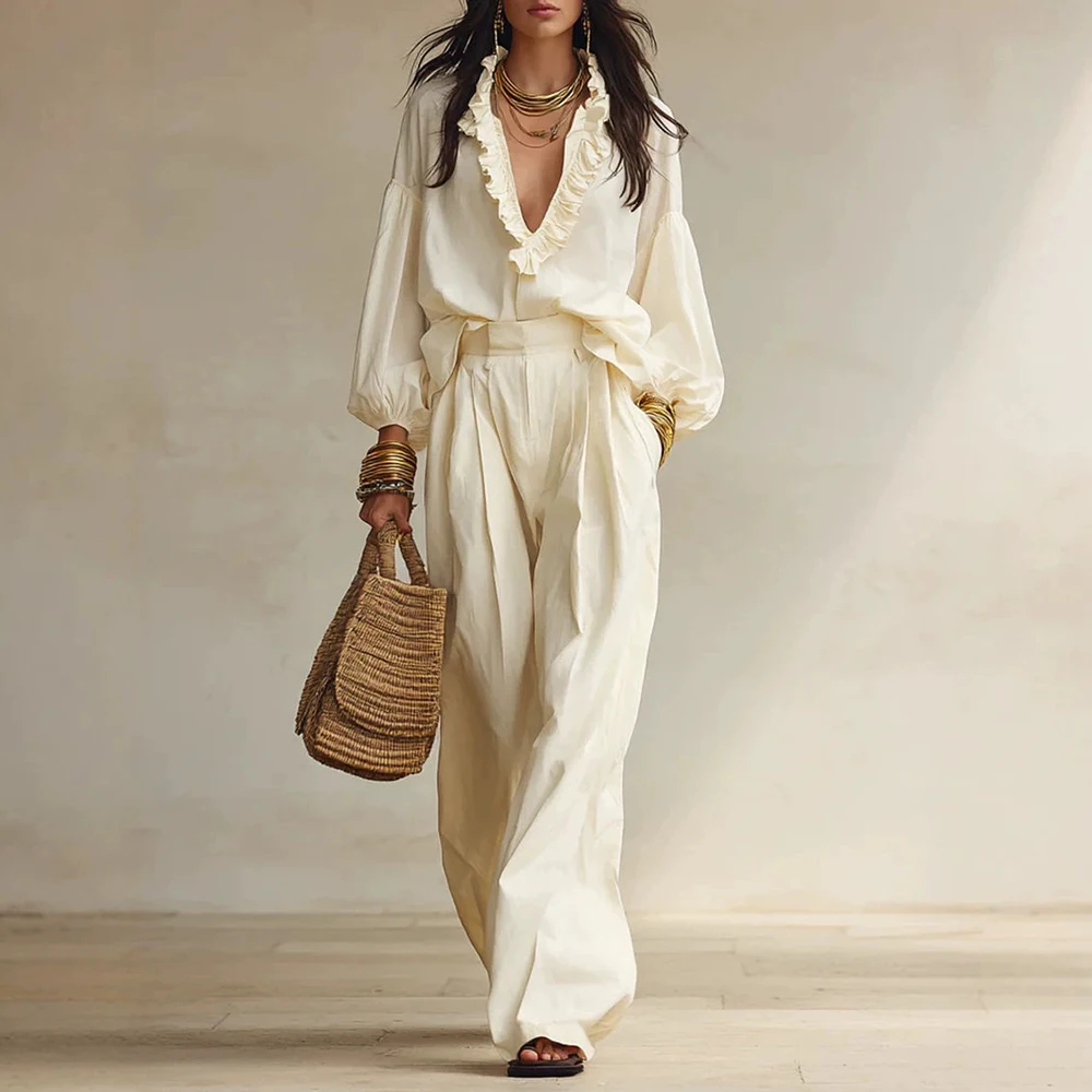 Women’s 2 Piece Elegant Matching Set Ruffle V Neck Puff Sleeve Blouse High Waist Pleated Wide Leg Pants Vacation Casual Outfits
Women’s 2 Piece Elegant Matching Set Ruffle V Neck Puff Sleeve Blouse High Waist Pleated Wide Leg Pants Vacation Casual Outfits