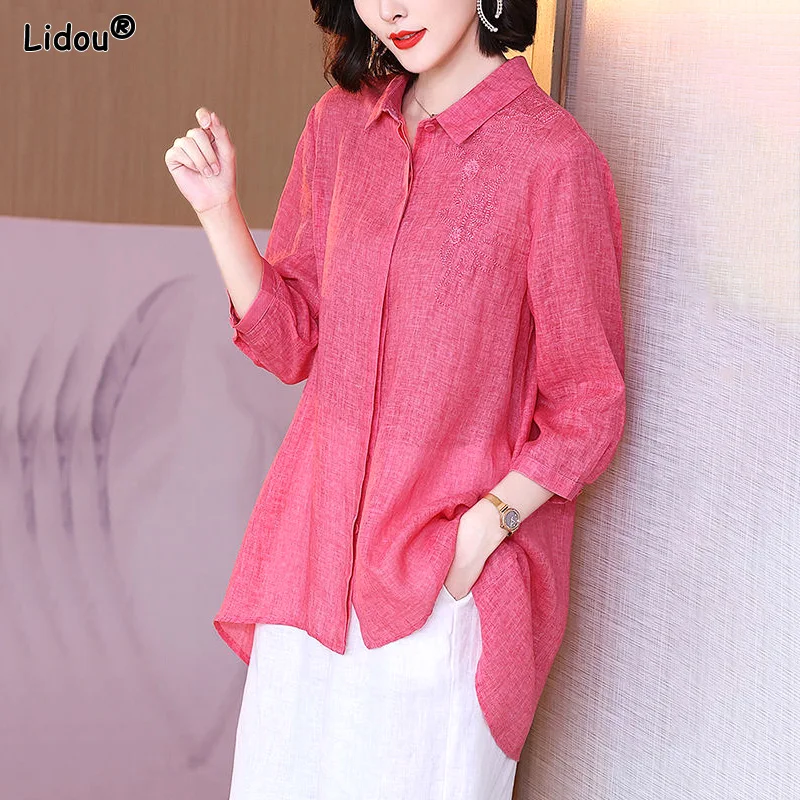 Asymmetrical Long Blouses Embroidery Pure Cotton hemp Turn-down Collar Three Quarter Sleeve Spring Summer Thin Women's Clothing
Asymmetrical Long Blouses Embroidery Pure Cotton hemp Turn-down Collar Three Quarter Sleeve Spring Summer Thin Women's Clothing