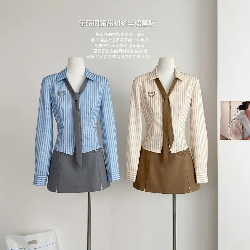 Preppy Style Suit Women's Spring Tie Striped Slim Fit Shirt High Waist A-line Skirt Two-piece Set Fashion Female Clothes
Preppy Style Suit Women's Spring Tie Striped Slim Fit Shirt High Waist A-line Skirt Two-piece Set Fashion Female Clothes