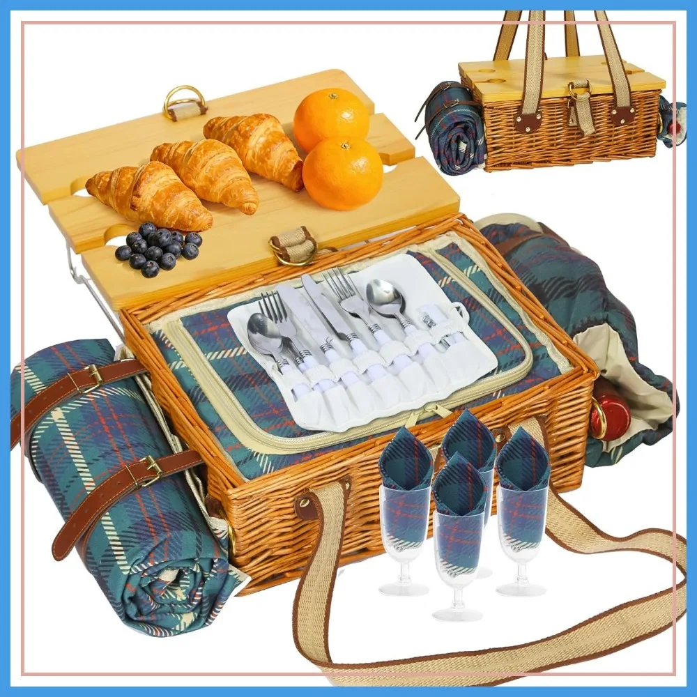 Wicker Picnic Basket for 4 with Folding Table, Waterproof Blanket, Wine Pouch, Cutlery Set for Camping, Beach, Wedding
Wicker Picnic Basket for 4 with Folding Table, Waterproof Blanket, Wine Pouch, Cutlery Set for Camping, Beach, Wedding