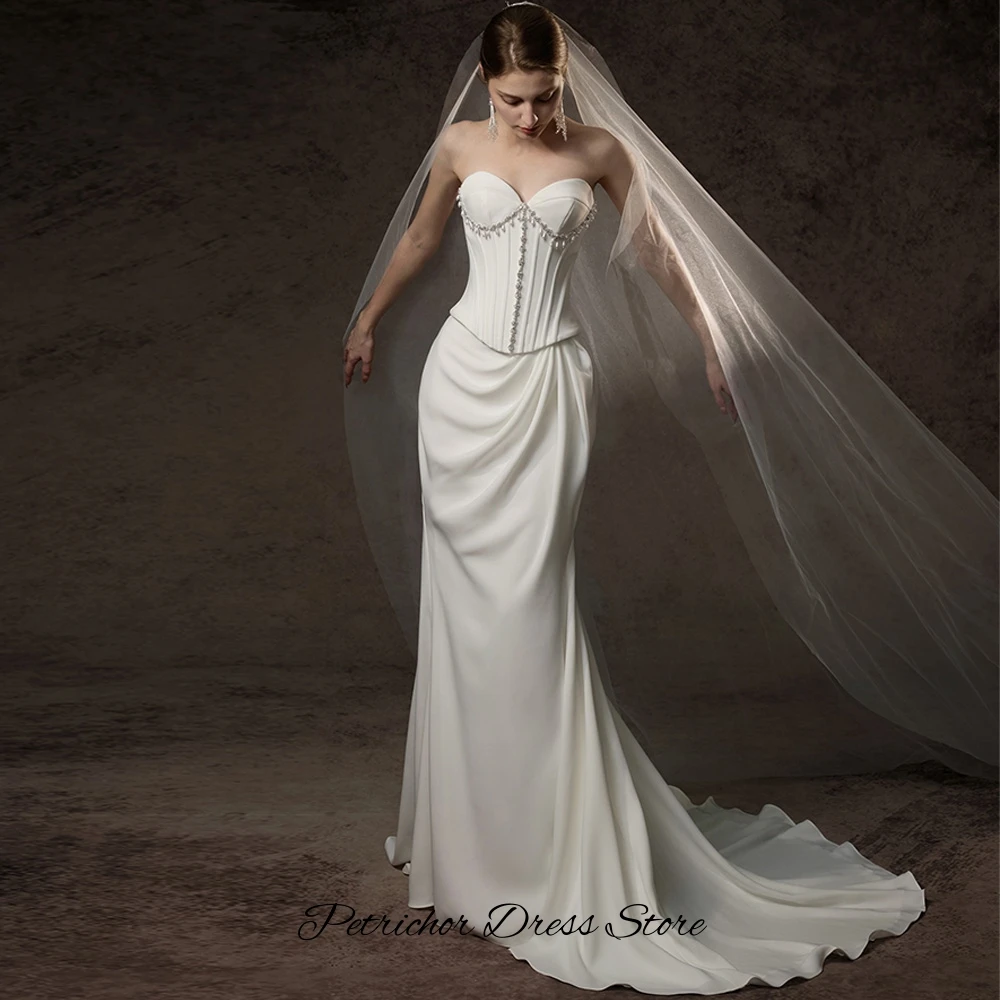 Temperament Mermaid Satin Bridal Gowns Customized Sweetheart Sleeveless Wedding Dress Exquisite Beading Pleats
Temperament Mermaid Satin Bridal Gowns Customized Sweetheart Sleeveless Wedding Dress Exquisite Beading Pleats
