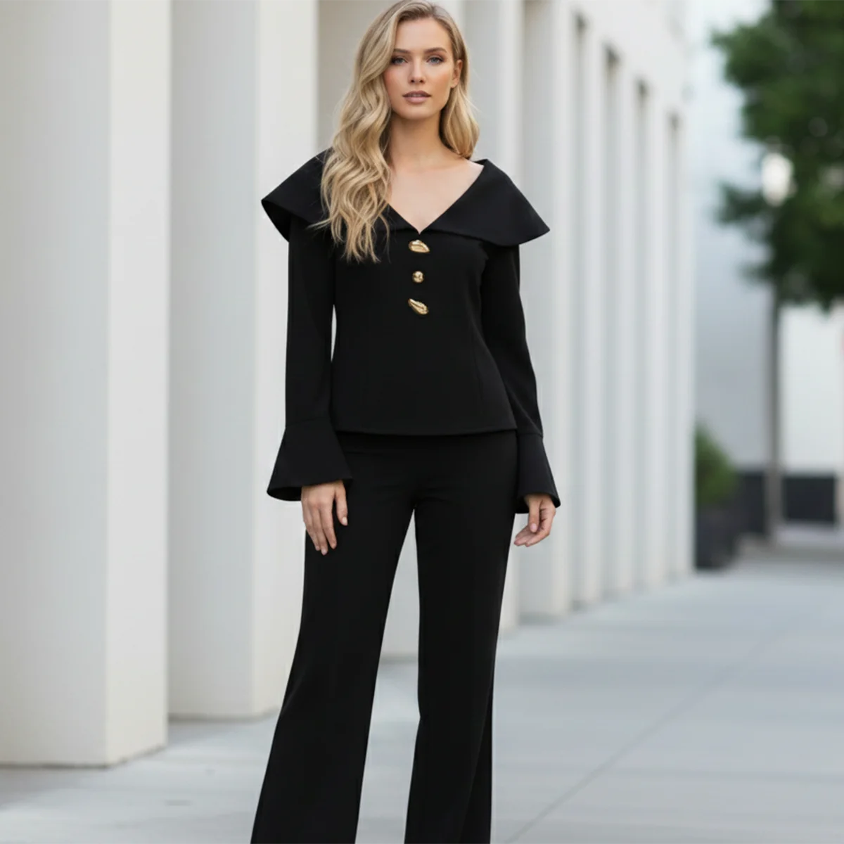 2026 Elegant Black Two Piece Set Women Vintage Big Collar Flare Sleeve Top High Waist Flare Pants Chic French Party Outfits Suit
2026 Elegant Black Two Piece Set Women Vintage Big Collar Flare Sleeve Top High Waist Flare Pants Chic French Party Outfits Suit