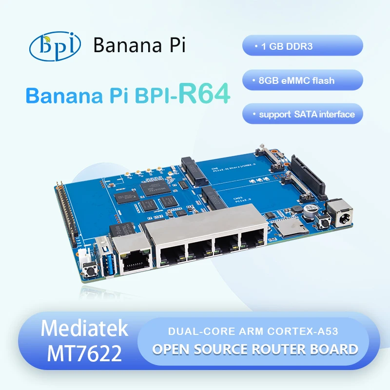 Banana Pi Bpi-r64 Router Based Development Board Use Mediatek Mt7622 64bit 5 Port 10/100/1000 Mb Ethernet Port
Banana Pi Bpi-r64 Router Based Development Board Use Mediatek Mt7622 64bit 5 Port 10/100/1000 Mb Ethernet Port