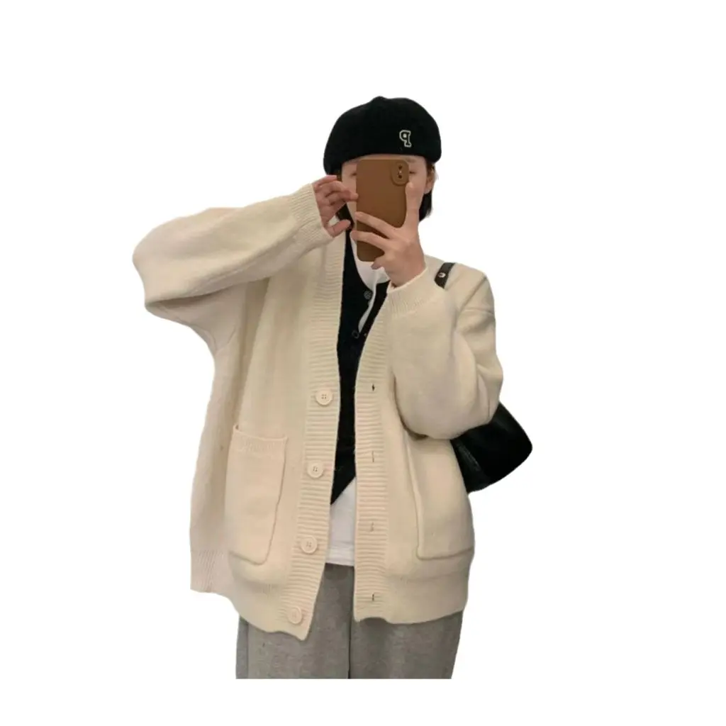 Women's Korean Dongdaemun Retro V-Neck Sweater Jacket Simple Autumn New Single-Breasted Loose Fit Solid Color Cardigan 
Women's Korean Dongdaemun Retro V-Neck Sweater Jacket Simple Autumn New Single-Breasted Loose Fit Solid Color Cardigan