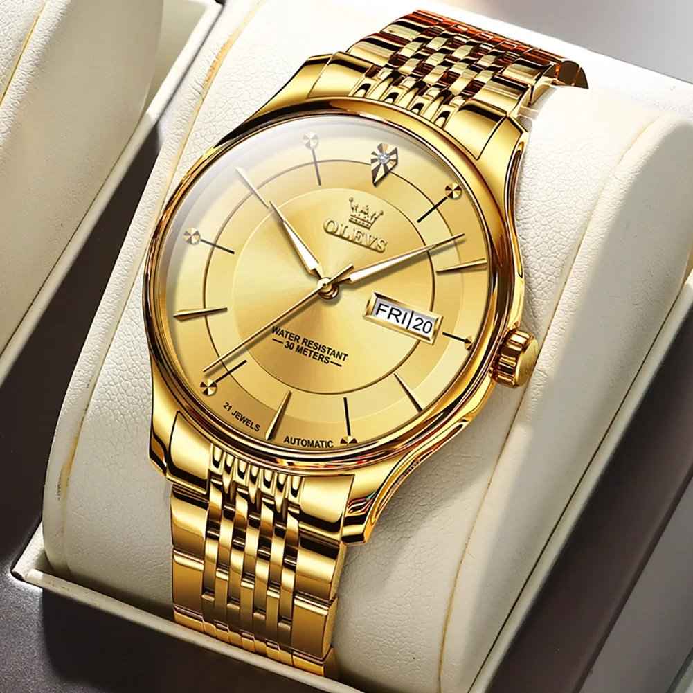 OLEVS Original Luxury Watch for Men Gold Automatic Mechanical Waterproof Top Brand Stainless Steel Wristwatch Bracelet Clock Men
OLEVS Original Luxury Watch for Men Gold Automatic Mechanical Waterproof Top Brand Stainless Steel Wristwatch Bracelet Clock Men