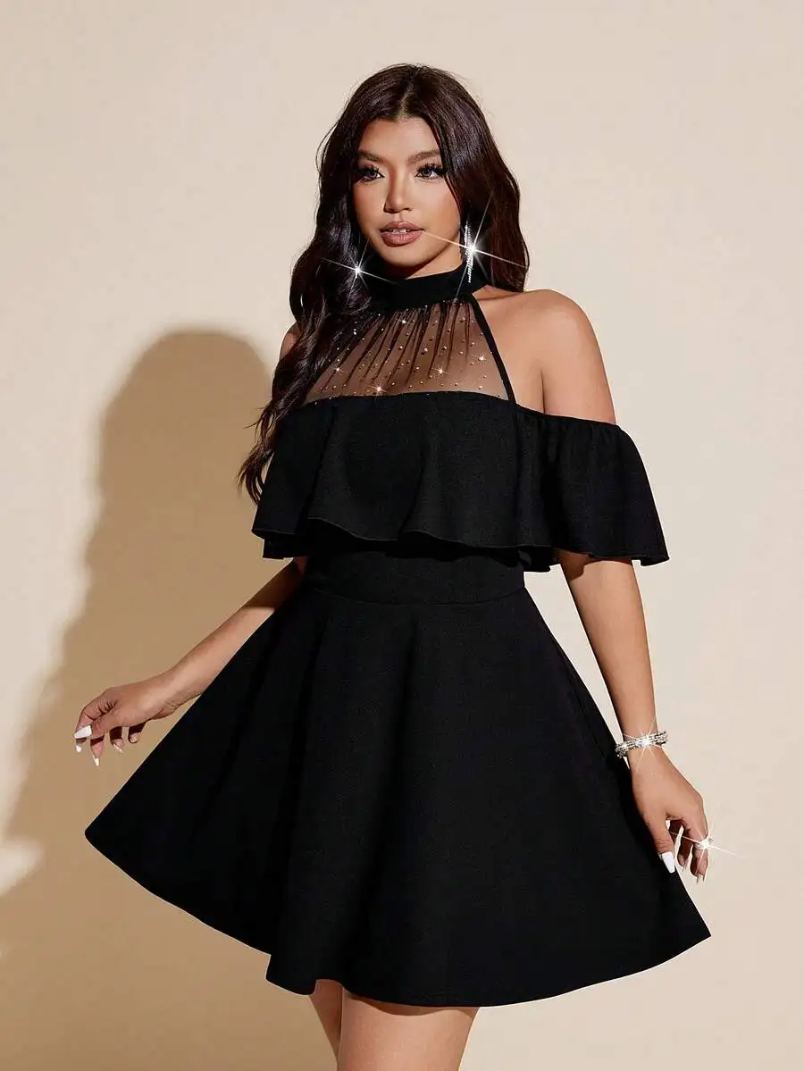 Black Halter Off Shoulder Sequin Mesh Ruffle Flare Mini Dress
Black Halter Off Shoulder Sequin Mesh Ruffle Flare Mini Dress